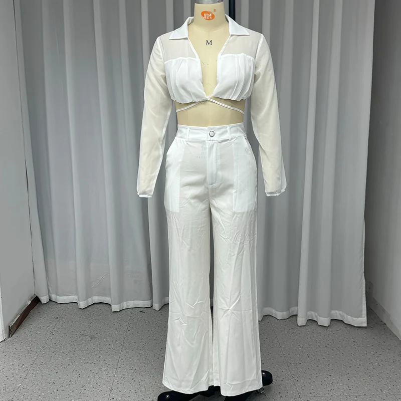 Waytobele, conjunto de dos piezas para mujer, moda Sexy de verano, sólido, manga larga, solapa, transparente, cruzado, con cordones, Top, conjuntos de pantalones sueltos