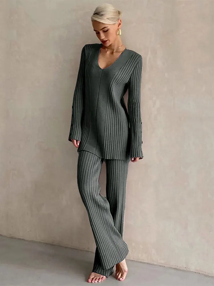 Elegant Pant Sets Women Autumn Winter Long Sleeve Knitted Sweater Two Piece Set Female Casual Loose Side Split Loose Pants Suit