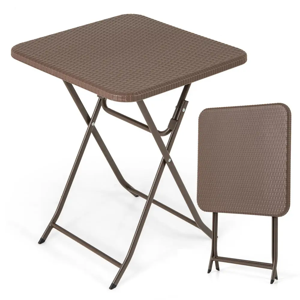 Folding Picnic Table with Rattan Grain HDPE Tabletop and Sturdy Metal Fame-Coffee