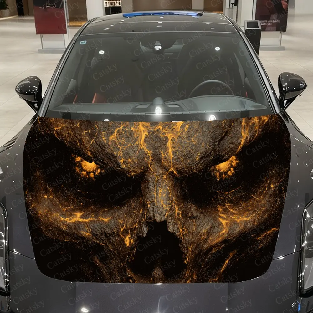 Bold Gold Skull Gilded Fiery Design Car Hood Stickers, Decorative Pattern Car Stickers, Car Self-adhesive Scratch Resistant Deca