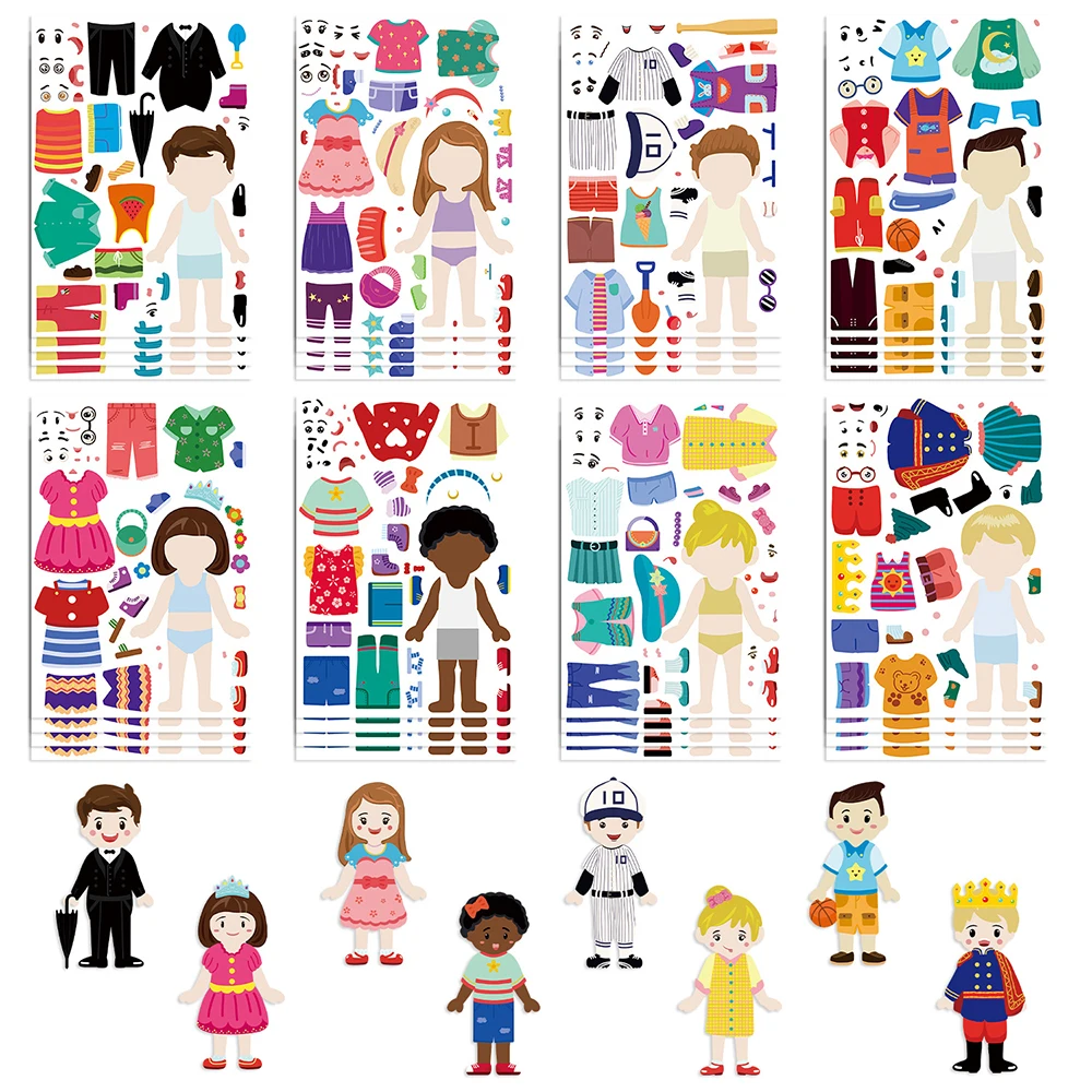 

8/16sheets Children's Dress Up Puzzle Stickers Cute Cartoon Creative Fun Children's Puzzle Account Material Waterproof Sticker