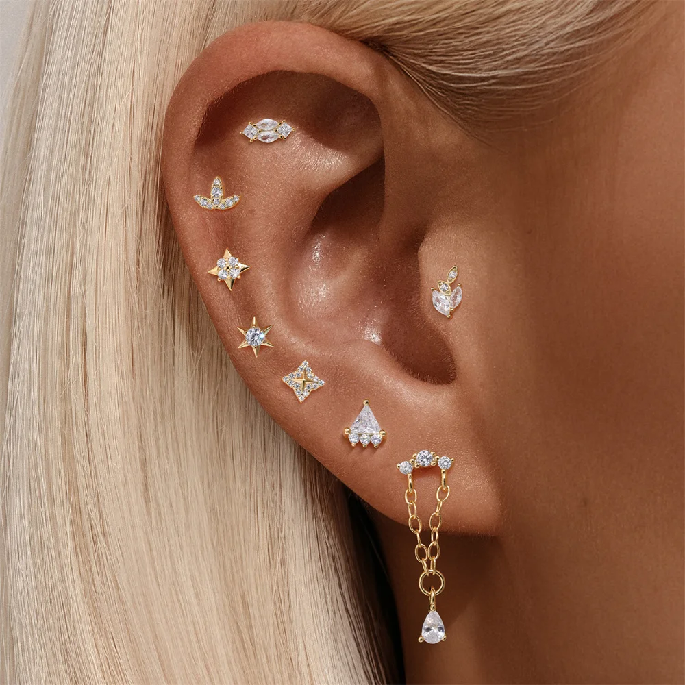 CANNER 1PC 925 Sterling Silver Four Pointed Star Clover Horse Eye Flat Head Puncture Stud Earring For Women Ins Earring Jewelry