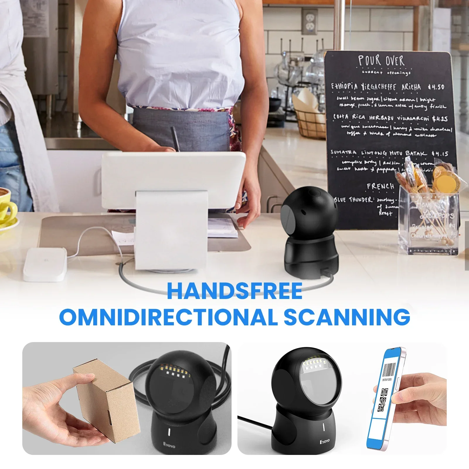 Eyoyo 2D Barcode Scanner QR Code Detecção automática de digitalização Omnidirecional Leitor de código de barras mãos-livres