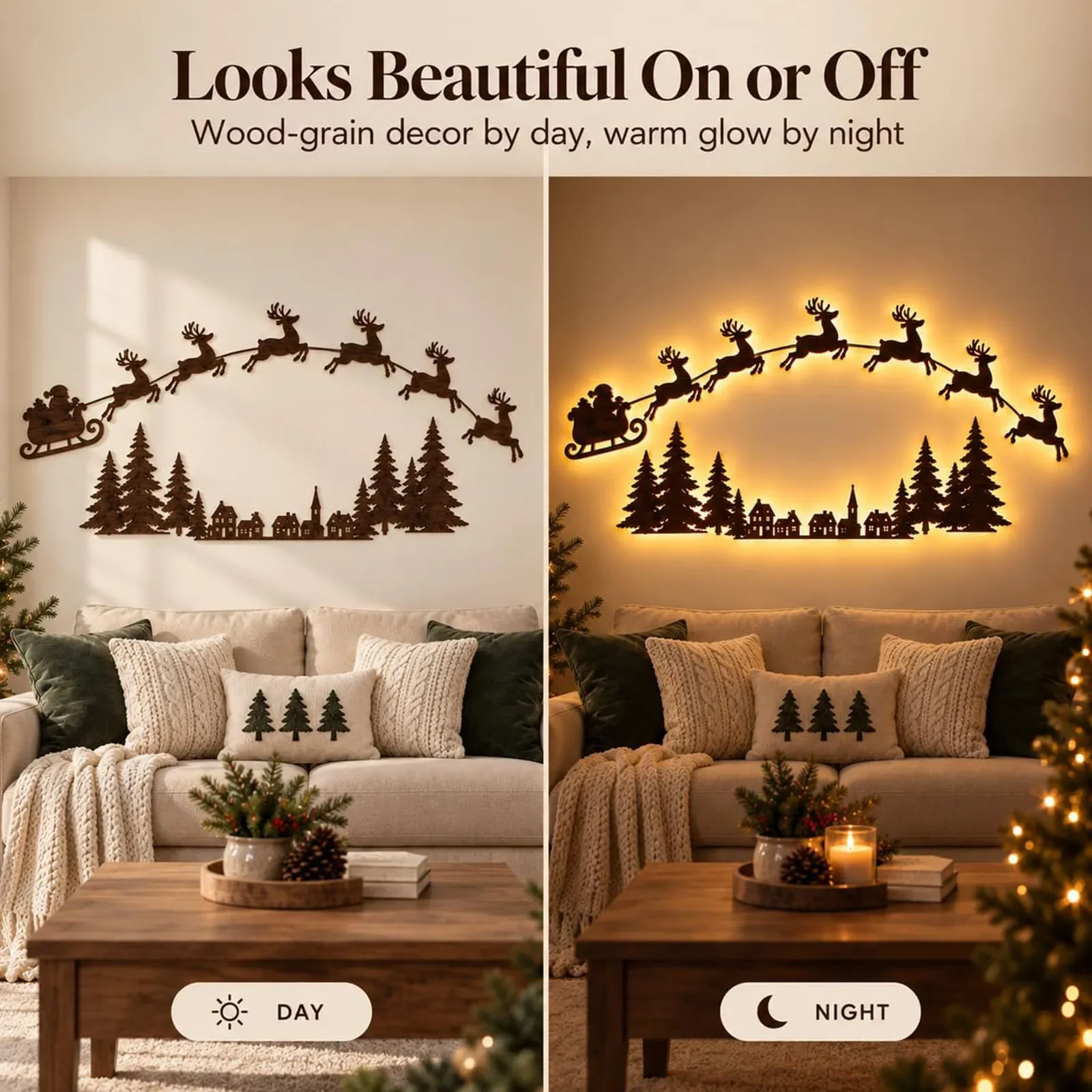 Wooden Santa Reindeer Sleigh LED Glowing Wall Decor Christmas Village Scene Indoor Holiday Decoration 900mm