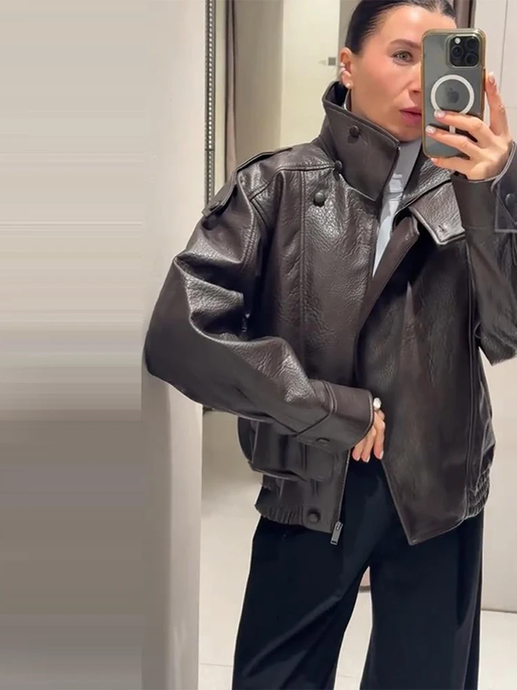 Faux Leather Vintage Stand Collar Moto Jacket Lady Long Sleeve Thick Solid Oversized 2026 Spring Autumn Fashion Short Outwear