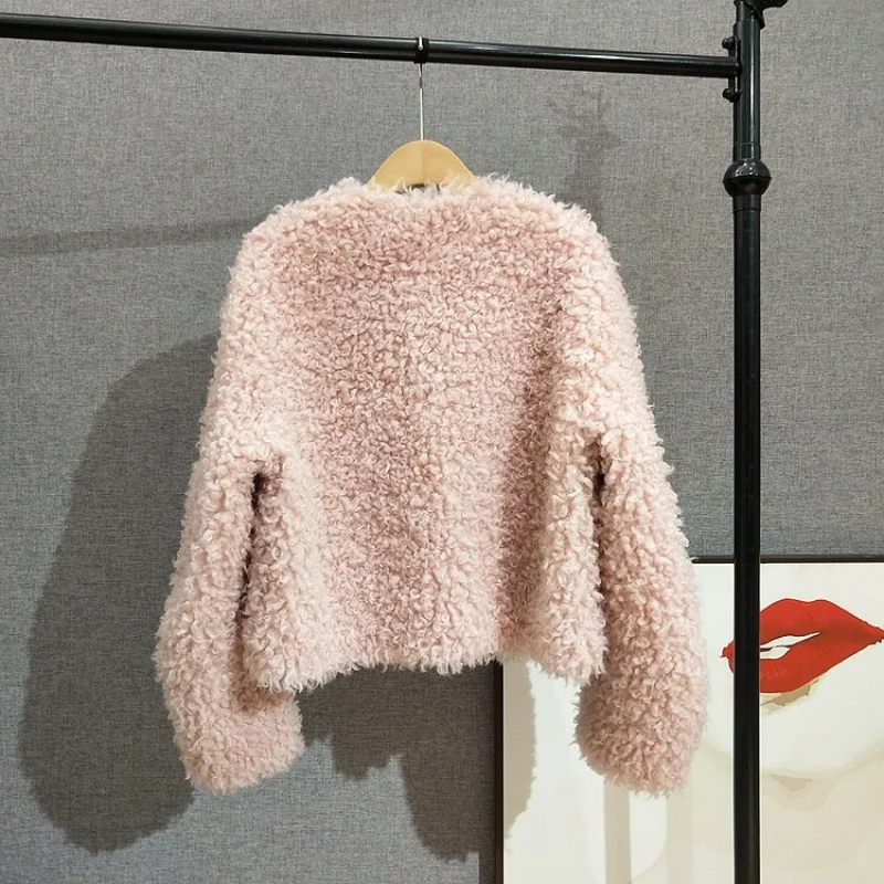 Short Lamb Fur Round-Neck Shearling Coat Full-Wool for Women Warm Autumn/Winter Jacket JT544