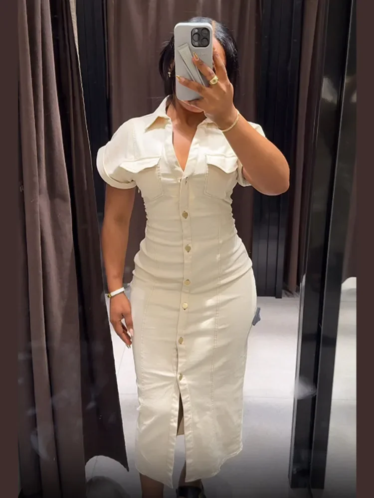 

New Summer Commute Robes Chic White Lapel Denim Long Dress Women Casual Single Breasted Lady Short Sleeve Slim Maxi Dresses