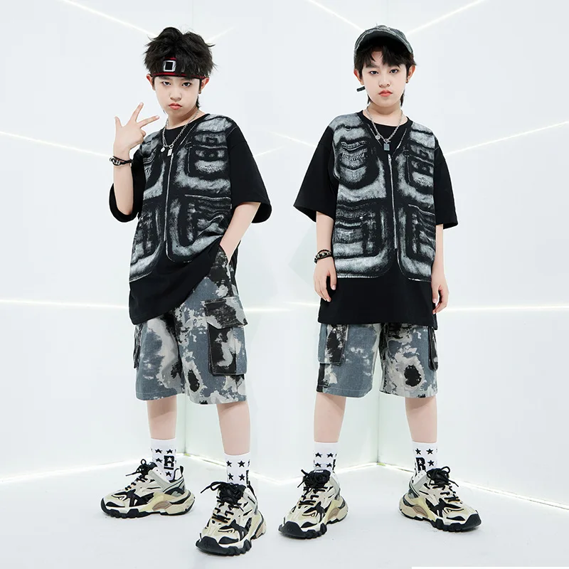 

Children Hip Hop Costume Street Dance Outfits Fashion Black T Shirt Camo Shorts Boys Hiphop Performance Clothes Kids Stage Wear