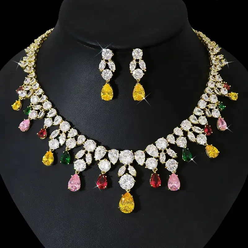 

Original design luxury zircon necklace and earrings set evening wedding dress high-end jewelry full of diamonds and water drops