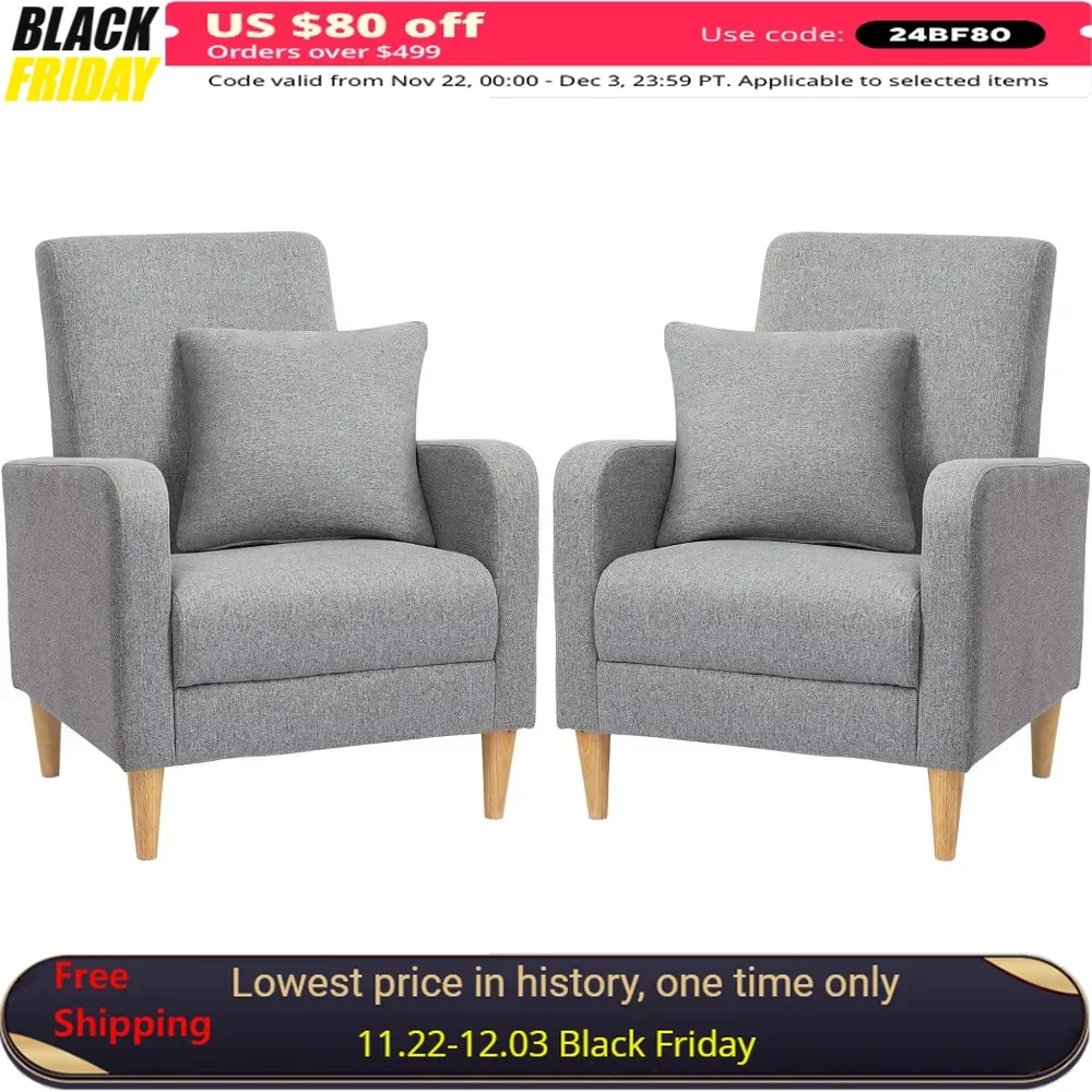 Living Room Chair Set of 2, Upholstered Fabric Armchair Reading Side Chairs, Single Sofa with Back Pillow and Wood Legs