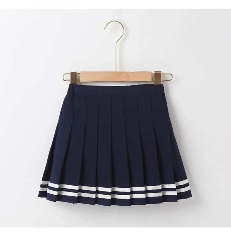 Damen Hochgeschnittener Plissierter Minirock A-Linie Gestreifter Saum Preppy-Stil Sommer Tennis JK Uniform – Detail 8