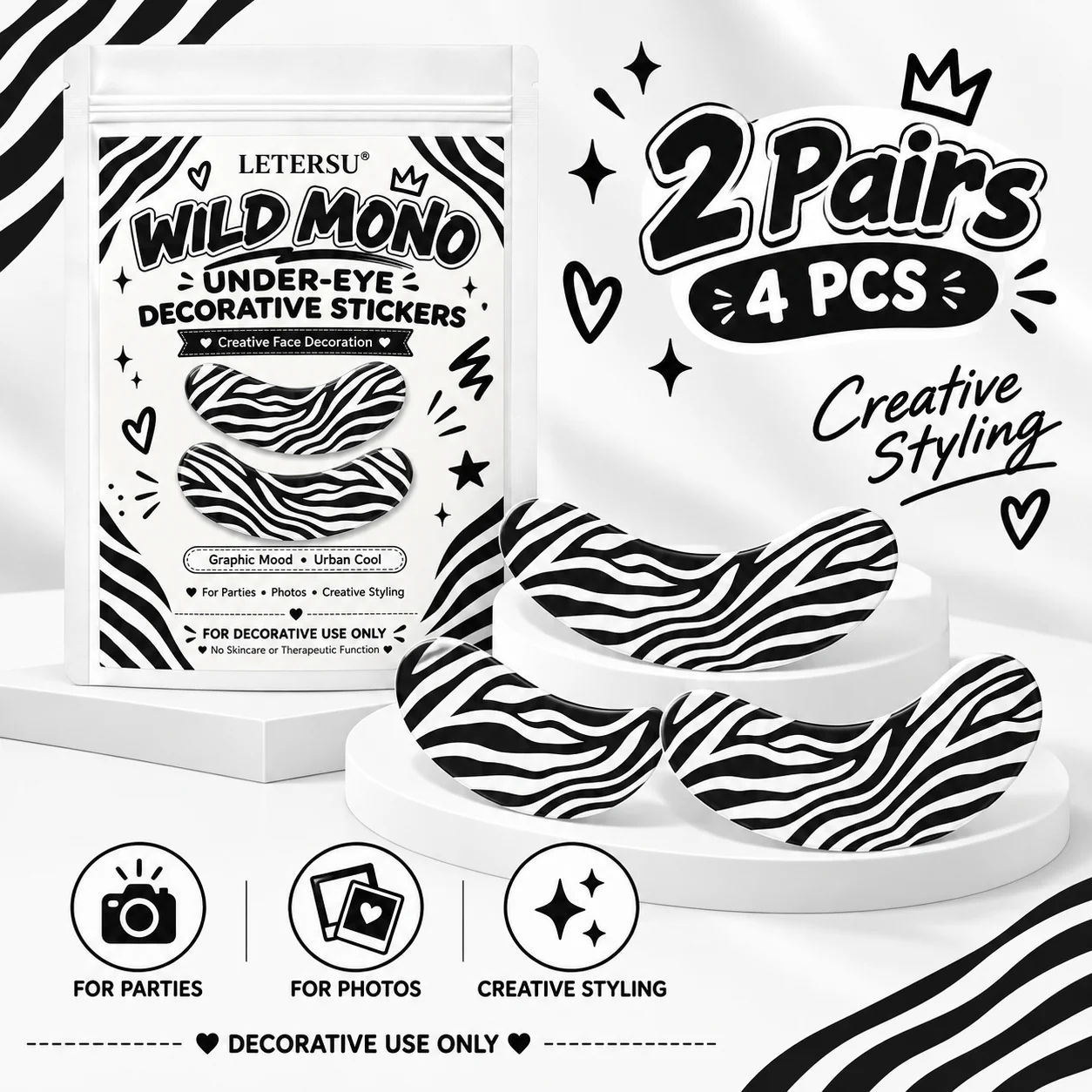 4PCS Zebra Print Under Eye Stickers, Y2K Black White Eye Patches, Cute Face Makeup Decorations for Women, Party Cosplay