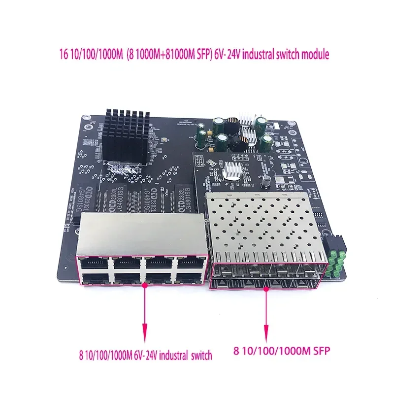 1000M switch Unmanaged 16port 10/100/1000M 6V-12V-24V 8 1000M port with 8 1000M SFP industrial  module PCBA board OEM Ports