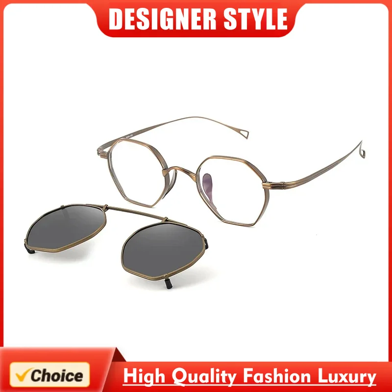 

KAME Style Titanium Clip-on Polarized Sunglasses MANNEN Polygonal Irregular Frame 2 in 1 Dual-use Prescription Men Women KMN152