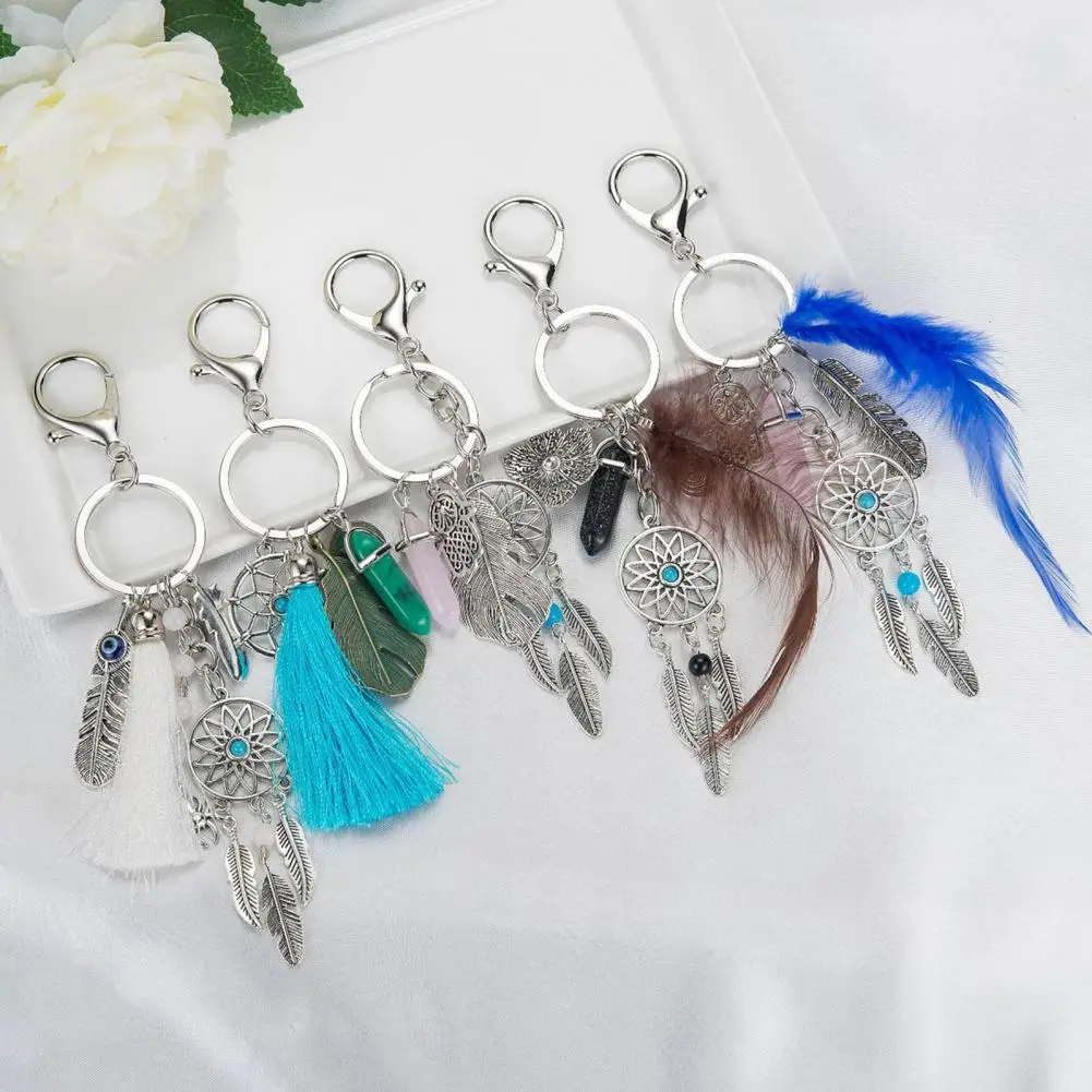 Keychain Dream catcher Feathers Tassels Faux Crystals Charm Bohemian Style Keyring with Lobster Clasp Bags Car Accessories