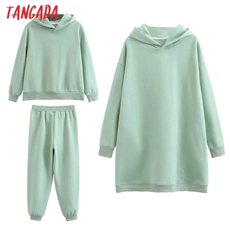 Tangada 2022 Winter Family Set Kids Costume Oversized Top Pocekt Women 100% Cotton Fleece Hoodies Sweatshirt Dress 6L50