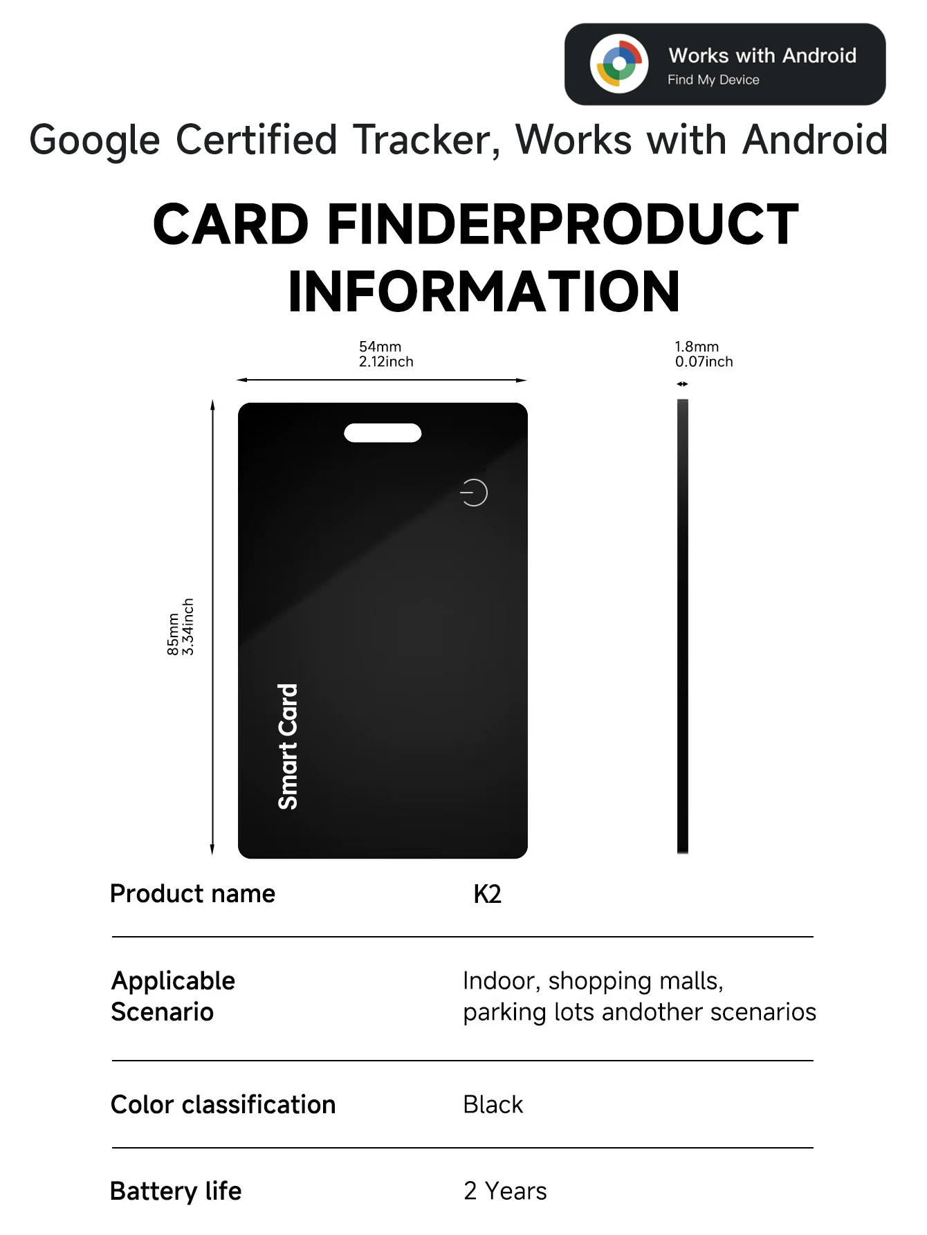 Android Slim Wallet Tracker Card Rechargeable Luggage Tracker Tag Works with Google Find Hub App (Android Only), Wireless Charge