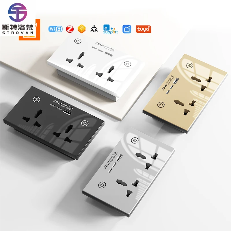 

STLF Tuya Wifi 70w Type C Fast Charging Smart Wall Socket 147mm Double 3 Pin 13a Rated Current 2 Universal Ac Outlets