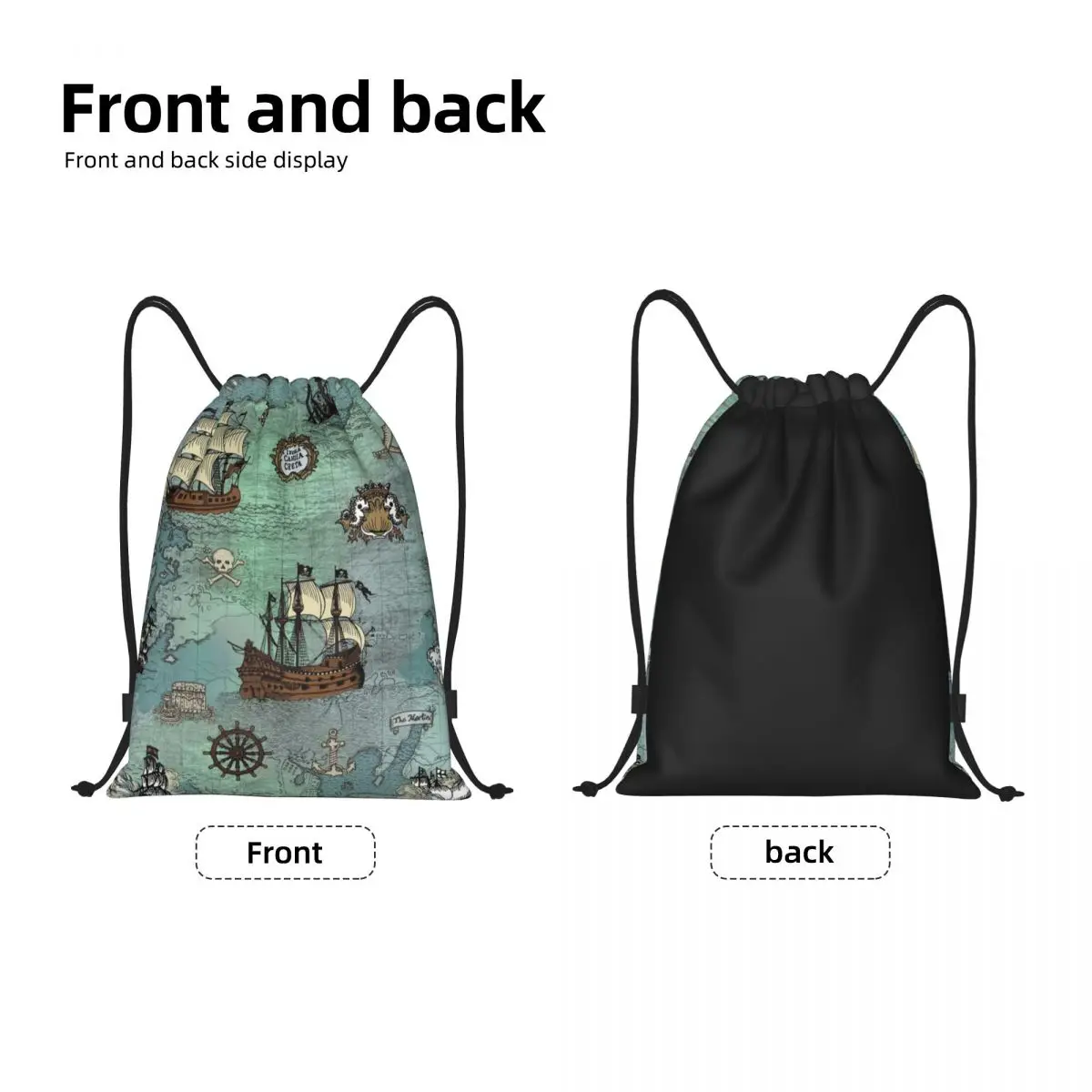 Pirate Map Nautical Sea Print Drawstring Backpack Bags Women Men Lightweight Skull Sailor Gym Sports Sackpack Sacks for Training