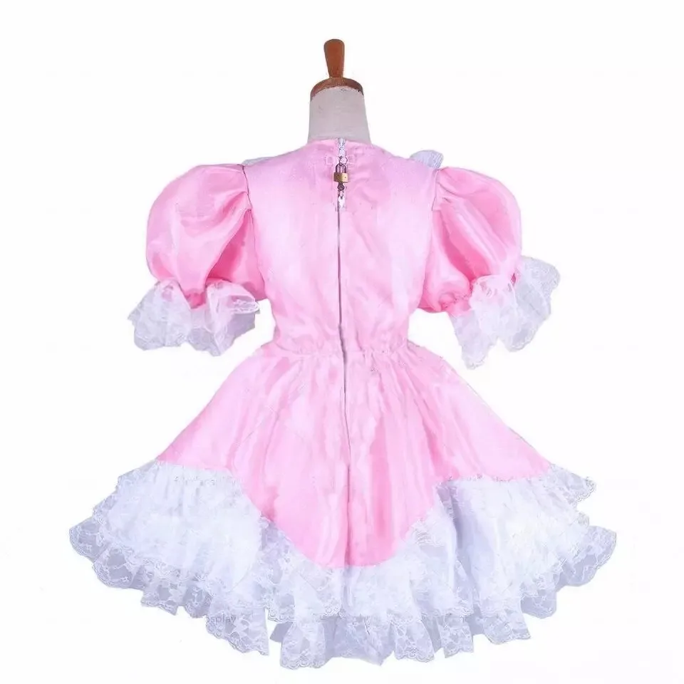Sissy Pink Satin Dress Maid White Fluffy Lace Cosplay Halloween Costume Customized