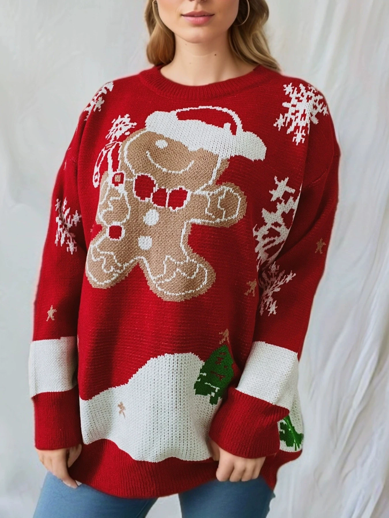 

Christmas main picture cute snowman pattern round neck long sleeved knitted pullover sweater New Year sweater tops