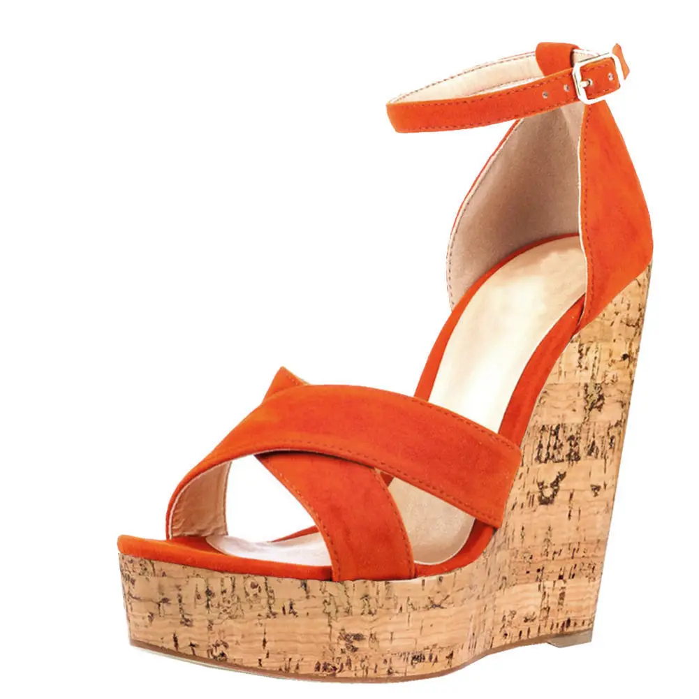

Orange Blue Faux Suede Platform Cross Strap Peep Toe Sandals Wedge High Heel Woman Buckle Strap Party Sandalias