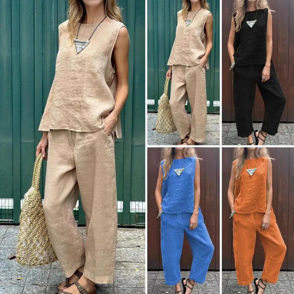 

Women Vest Pants Set Stylish Women's 2-piece Vest Pants Set Round Neck Top Elastic Waist Trousers with Side Pockets for Outfit