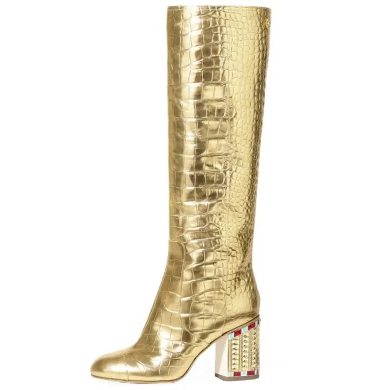 Fashion Crocodile Patterned Electroplated Heel Long Boots New European and American Gold White Rhinestone Winter Women's Boots