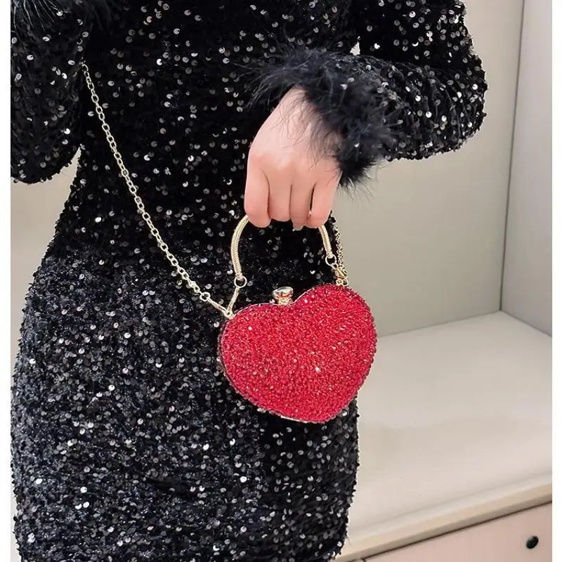 1Piece Rhinestone Mini Handbags Luxury Diamond Inlay Heart Shape Crystal Clutch Purse Evening Wedding Party Traveling Bag