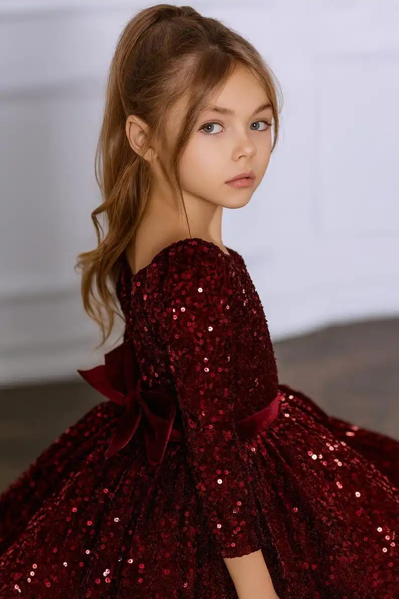 Vestido de fiesta infantil con lentejuelas color burdeos, elegante traje navideño para niñas, vestidos de niña de flores para bodas, vestido de princesa de noche