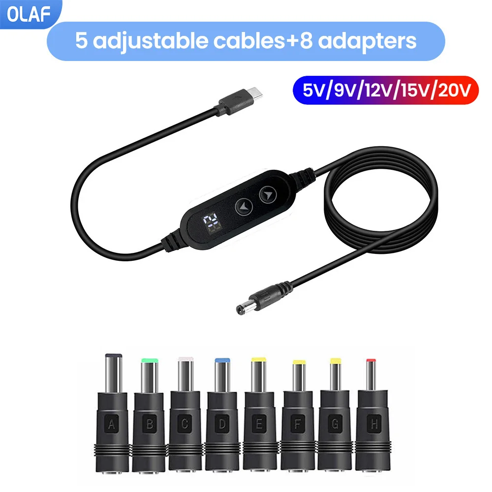 Power Boost Cable Type C To DC 5V/9V/12V/15V/20V USB Cable Boost Converter Adjustable Voltage 65W Fast Charging Cable 8 Adapters