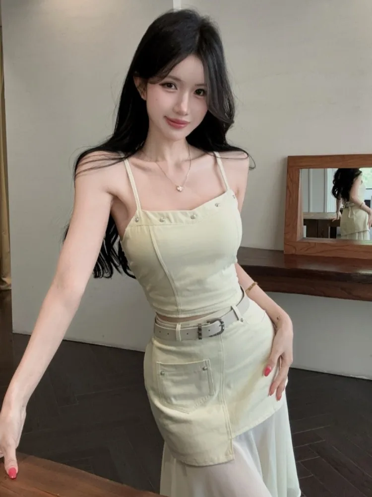 

Summer New Style Korean Spicy Girl Rivet Vest Asymmetrical Mesh Splice Skirt Fashion Casual Two-piece Set Women's Clothing