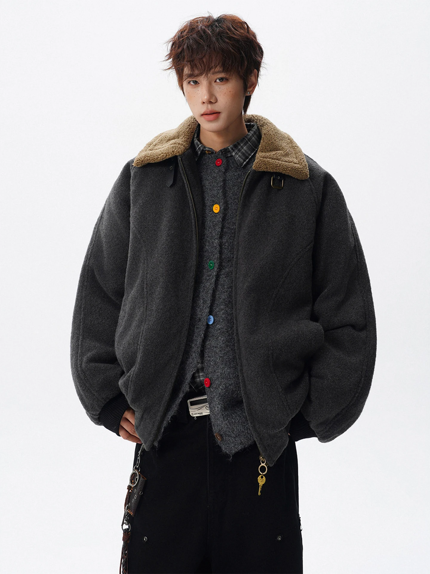 

Warmth Lamb Fur Collar Cotton Jaet Men Winter Thiened Casual Loose Sle Zipper Closure Long Sve Pure Color Street Fas...