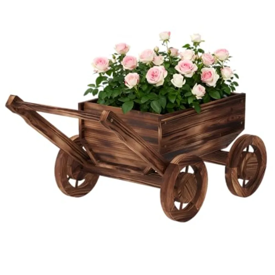 

Wooden Flower Cart with Wheels Outdoor Garden Planter Decor for Patio Balcony Trolley Succulent Flower Pot in Brown Indoor Back