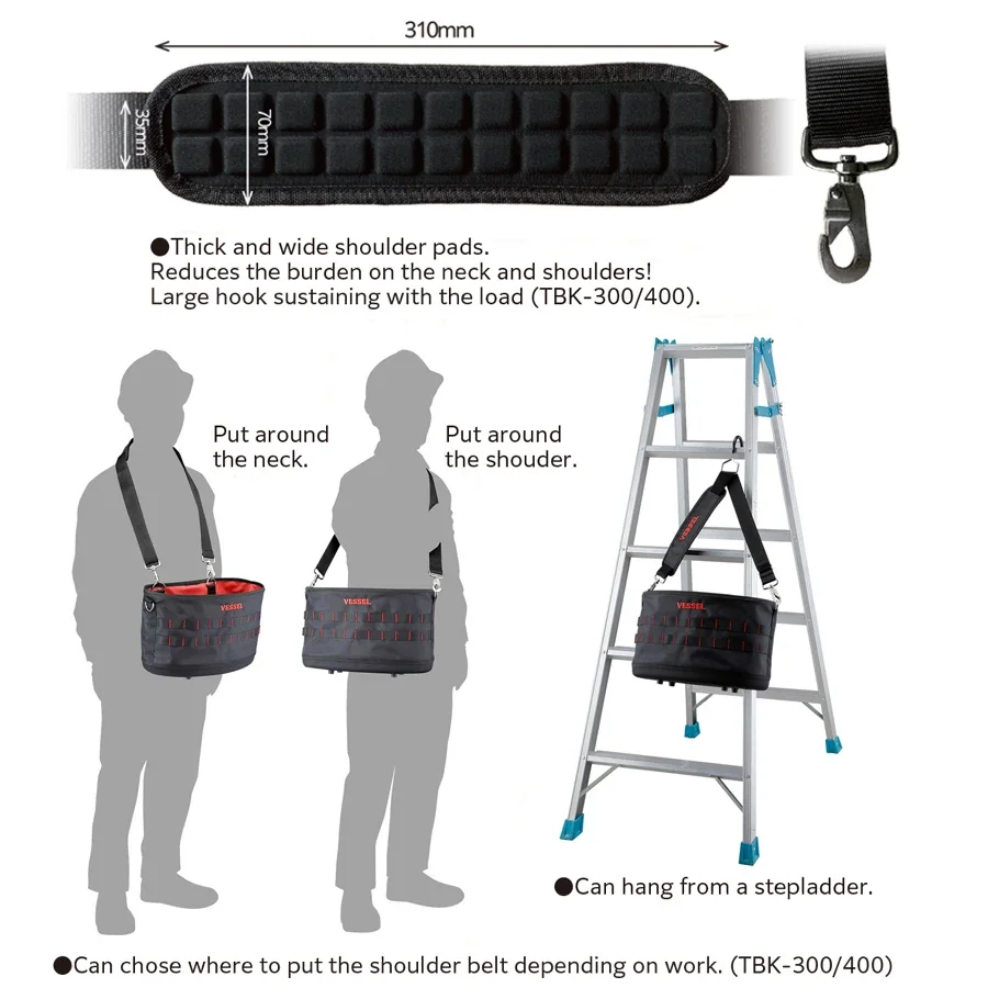 VESSEL TBK-400 Toolkit /Organizer Tool Pouch,Tough Fit Bucket Comes with a Hook for Hanging It On a Stepladder