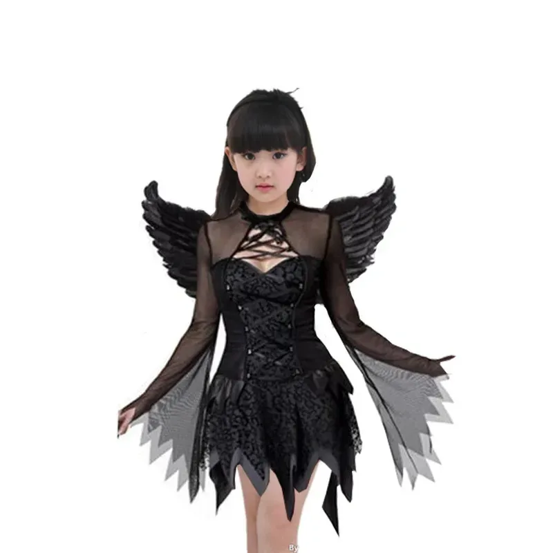 qq 123Halloween Cosplay Girl Kids Dress Teen Girls Black Hells Angel Costume Carnival Party Maleficent Witch Wings