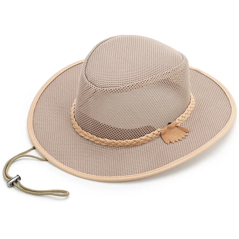 Hollow Out Breathable Shade Adjustment Rope Straw Cap Solid Color Sun Protection Summer Men Beach Hat Jazz Hat