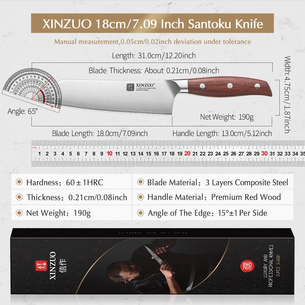 XINZUO Wysokiej jakości nóż Santoku ze stali nierdzewnej 7,2 cala, 3-warstwowa stal kompozytowa, nóż szefa kuchni do krojenia, rękojeść z czerwonego drewna — zdjęcie 6