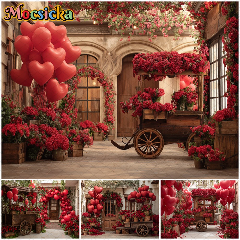 

Mocsicka Valentine's Day Photography Backdrop Red Rose Love Balloon Flower Handcart Pattern Girl Wedding Party Background Banner