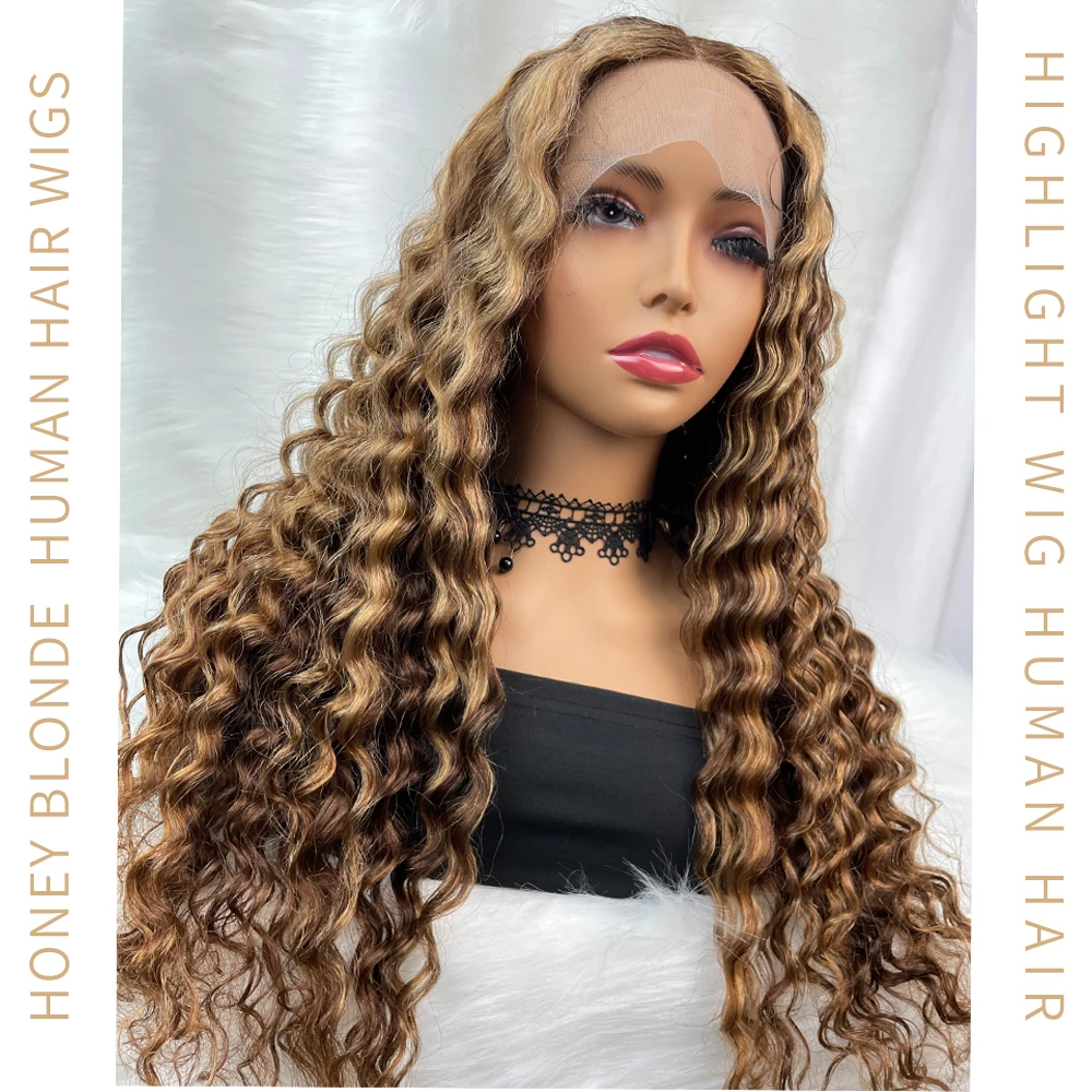 Highlight Wig Human Hair 13X6 Deep Wave Curly Colored Honey Blonde Lace Frontal Human Hair Wigs for Women Ombre  Lace Front Wig