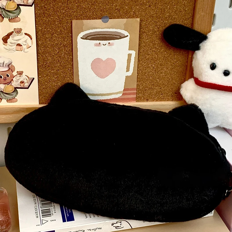 Simplicity Black Plush Cat Pencil Case Pencil Bag High Capacity Stationery School Student Storage Bag Cosmetic Storage Bag