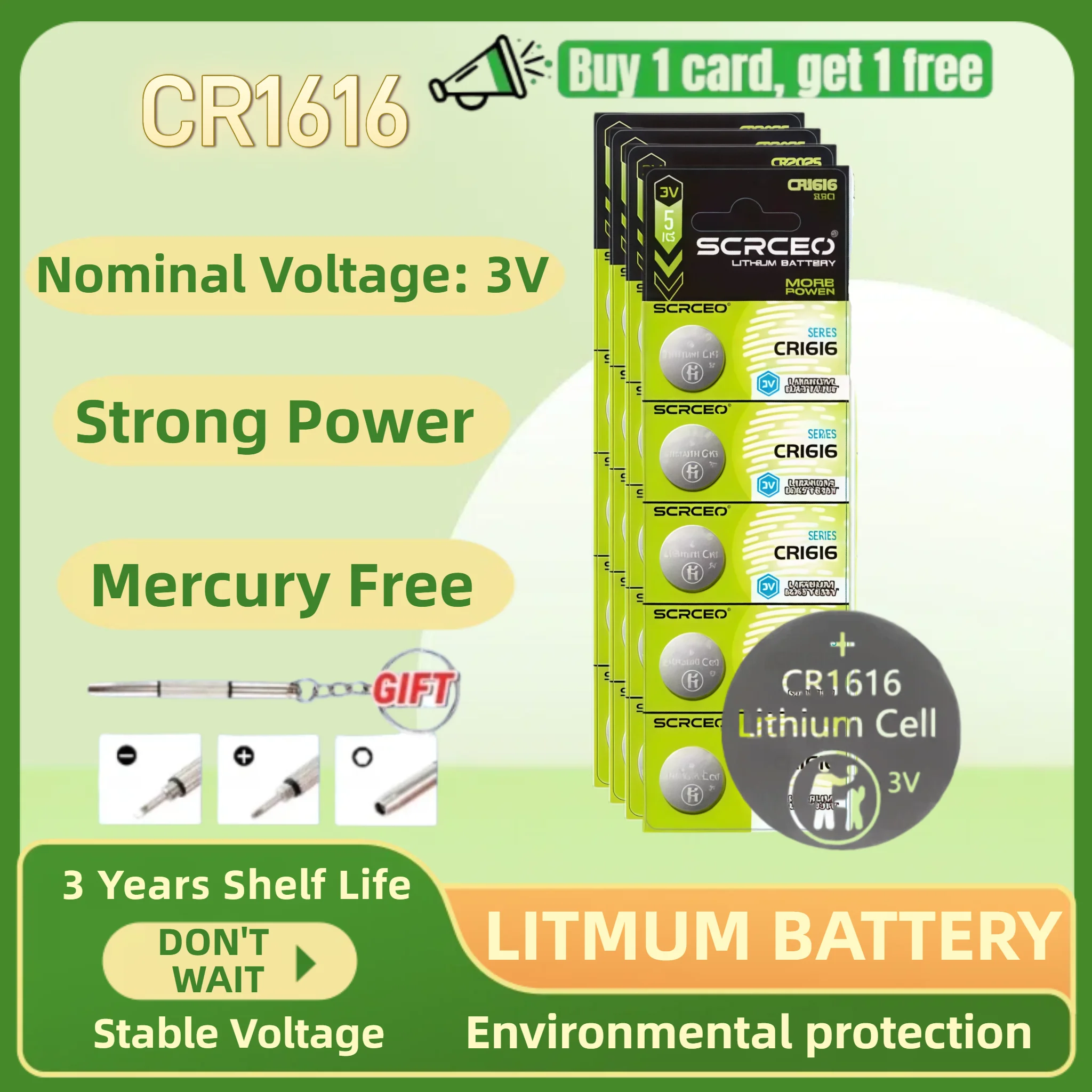 

CR1616 3V Lithium Button Coin Cell Battery Mercury Free Stable Voltage for Car Key Fob Watch Remote with Free Screwdriver