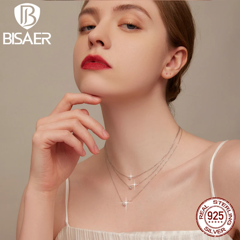 BISAER Collana in argento sterling 925 Taglio geometrico Catene al collo con zirconi scintillanti Placcato in platino per le donne Gioielleria