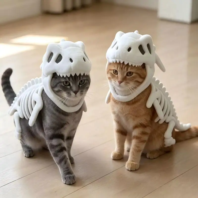 Halloween-Leuchtkostüm für Haustiere, Dinosaurier-Skelett, Plüsch-Kapuzenkostüm, Cosplay-Verkleidung für kleine Hunde und Kätzchen, Partydekoration – Detail 3