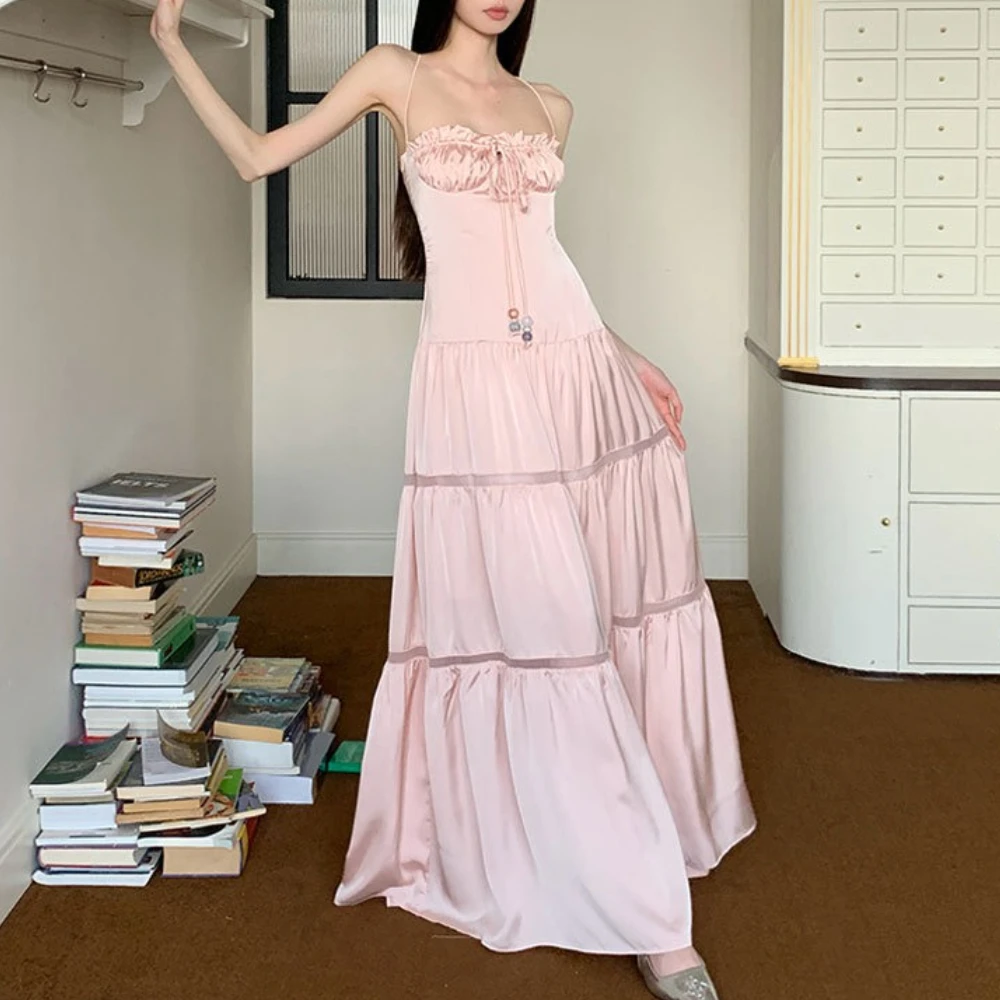 TWOTWINSTYLE Solid Slimming Spliced Shirring ชุดผู้หญิงที่ไม่มีสายหนัง SHEER Patchwork Lace Up Dress หญิงใหม่