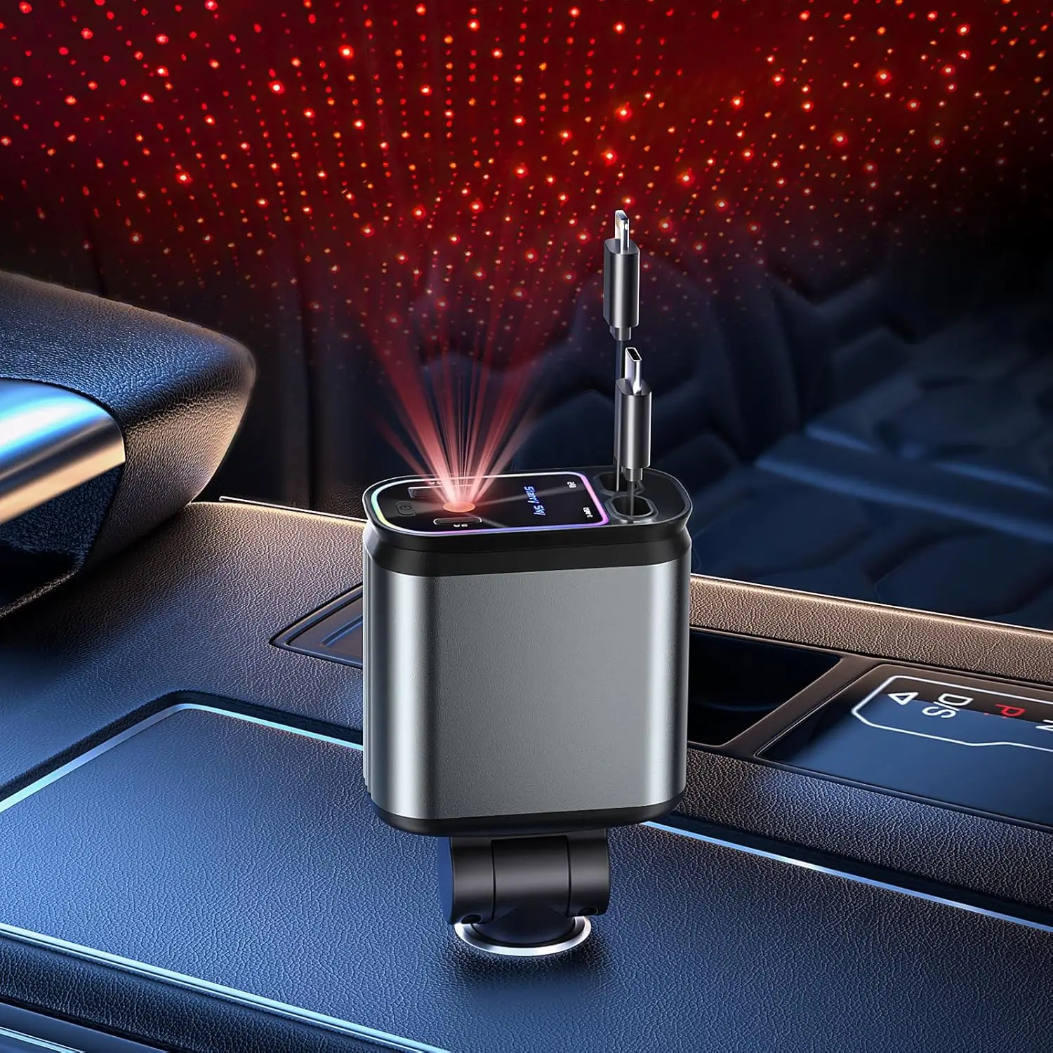 Retractable Car Charger, Starry Sky 4 in 1 Fast Charger,Starlight Projection in Car Roof,Type C Retractable Car Phone Charger