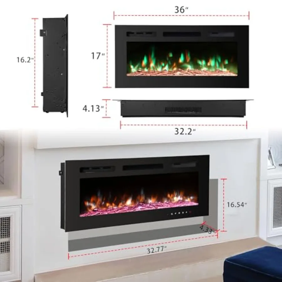 36 Inch Freestanding Electric Fireplace with 12 Flame Colors Adjustable Power and Temperature Settings Remote Control Operation