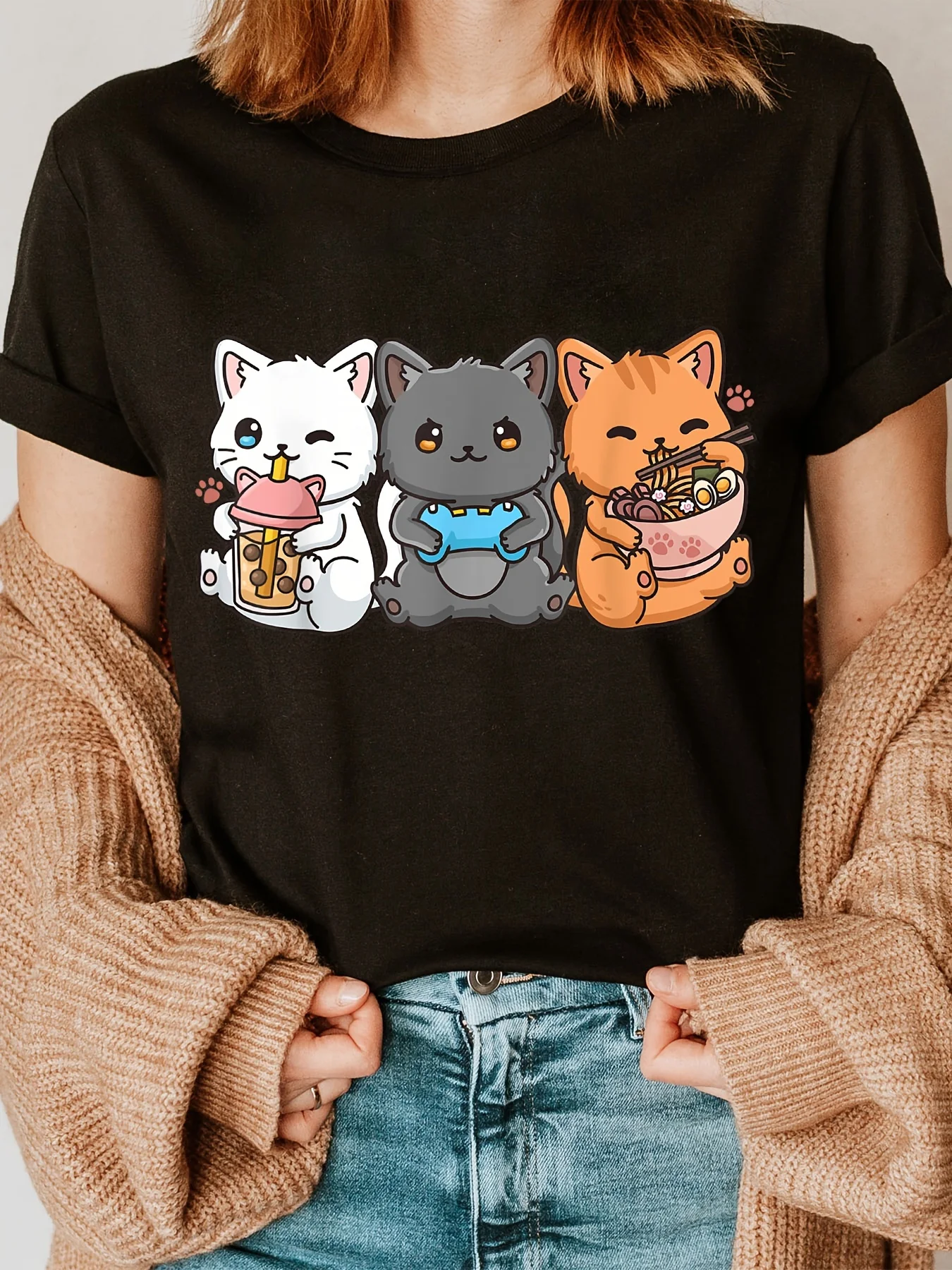 レディース服 プラスサイズ シャツ トップス カミセタス ムヘール 猫柄 クルーネック Tシャツ 半袖 カジュアルトップ 夏＆春向け
