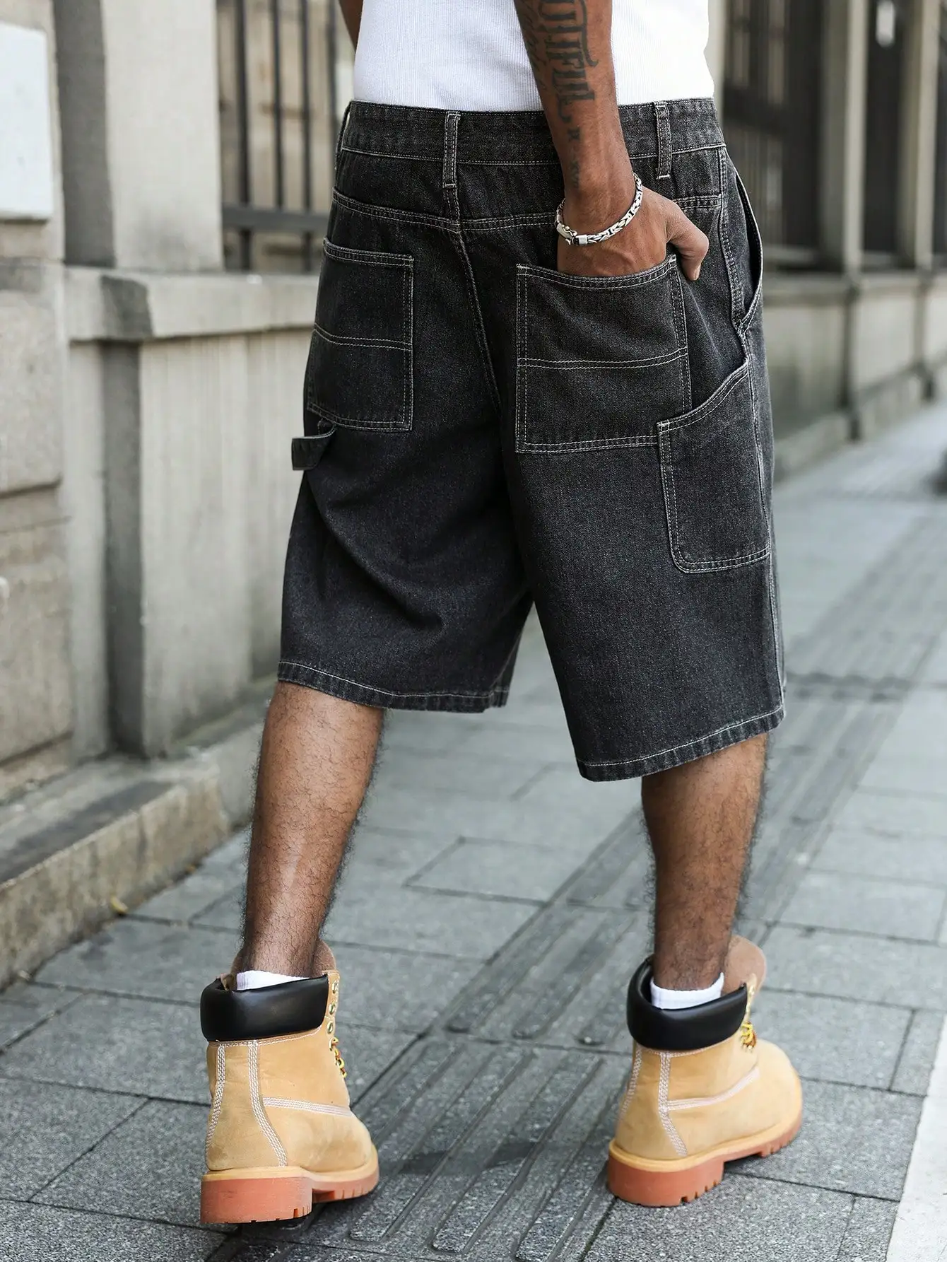 Pantaloncini di jeans lavati estivi alla moda da uomo, leggermente elasticizzati, tinta unita, vestibilità ampia, pantaloncini casual da strada neri stile