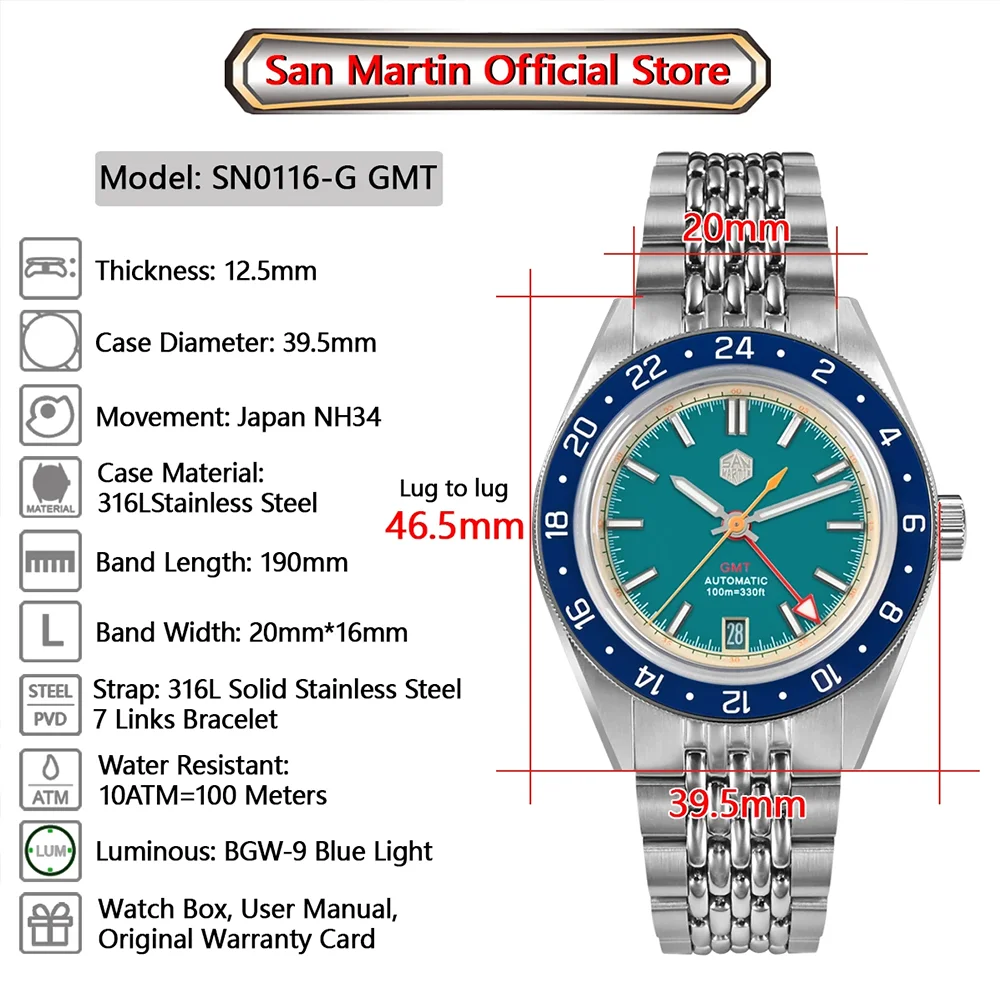 Saint Martin Original GMT 39.5mm Automatic Men Watch Sports Japan NH34 Mechanical Watch Waterproof 100m stainless steel Reloj